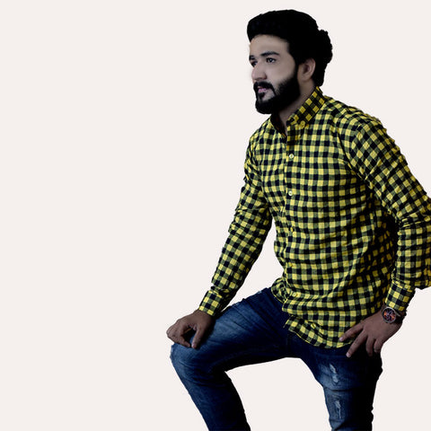 Yellow Dress Shirt for Men | Checked Shirt - Mansoor Ahmed